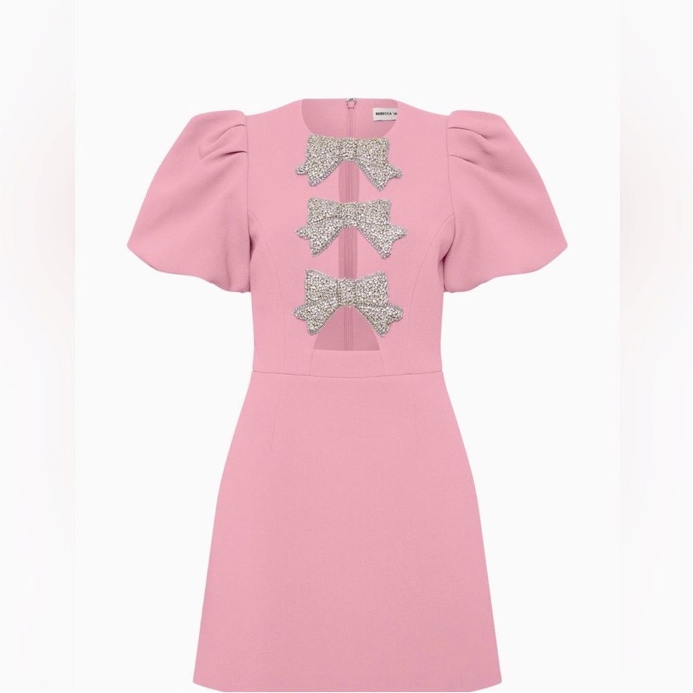 Rebecca Vallance Juliana Puff Sleeve Bow Pink Mini Dress wSilver Embellishments